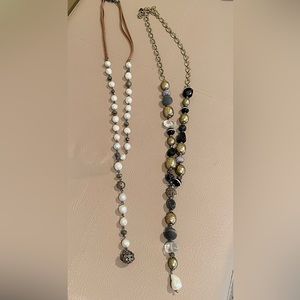 Bundle of 2 Chico’s “Y” style necklaces with pearl and gold tone beads